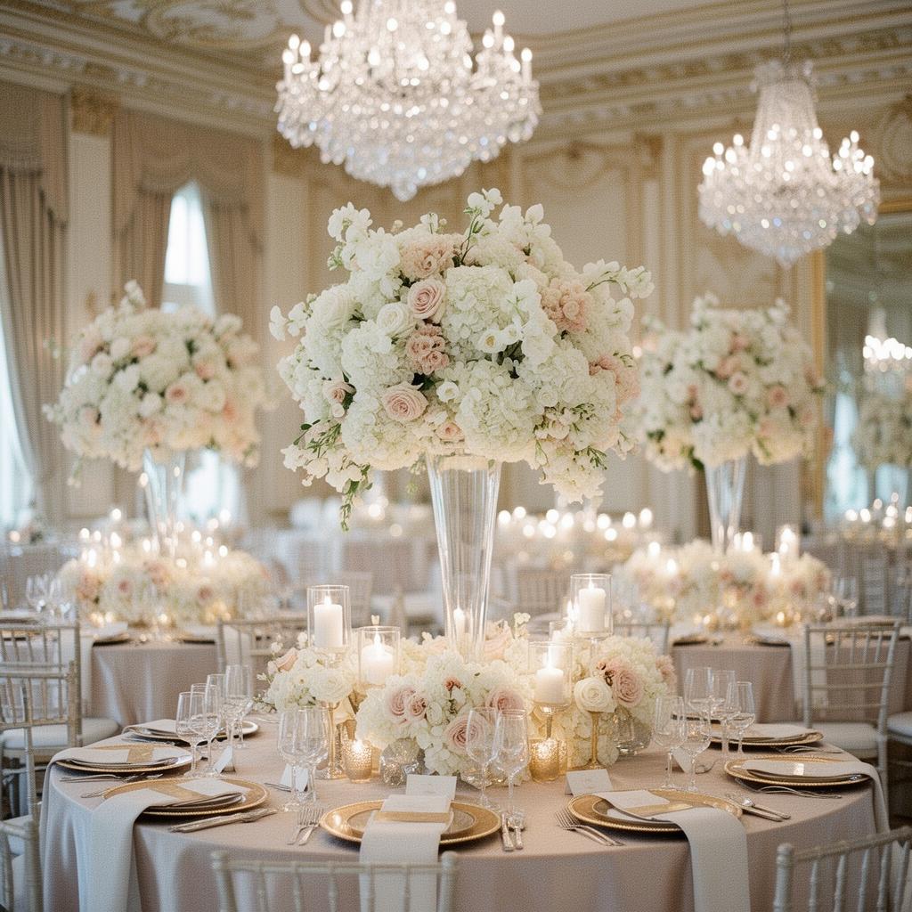 Reception table styled in cream and gold