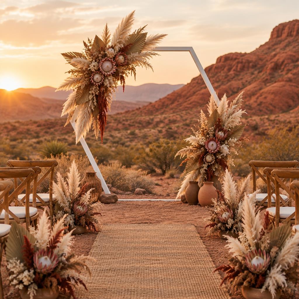 Boho desert ceremony arch with pampas grass and protea at sunset
