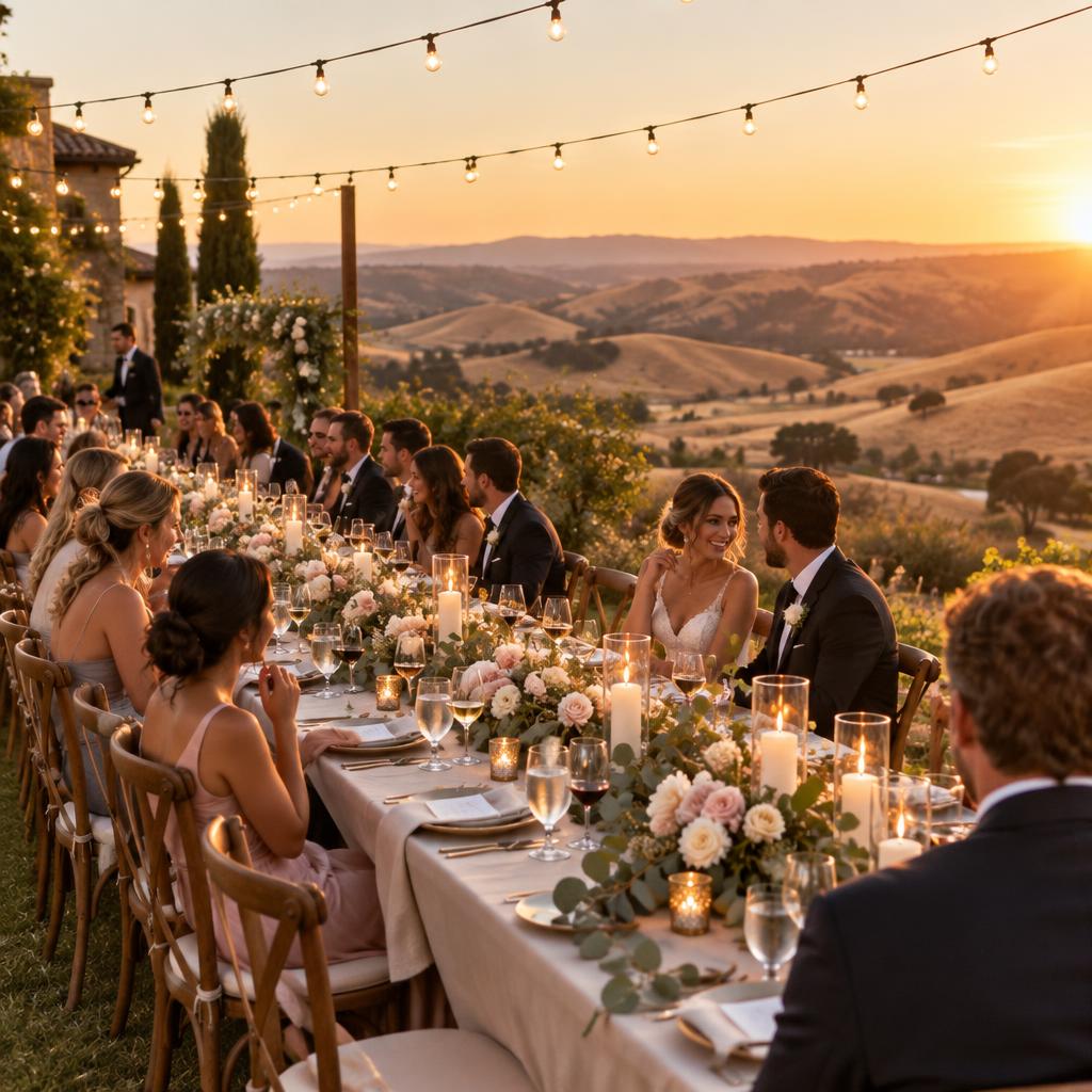 Outdoor reception dinner under string lights at golden hour