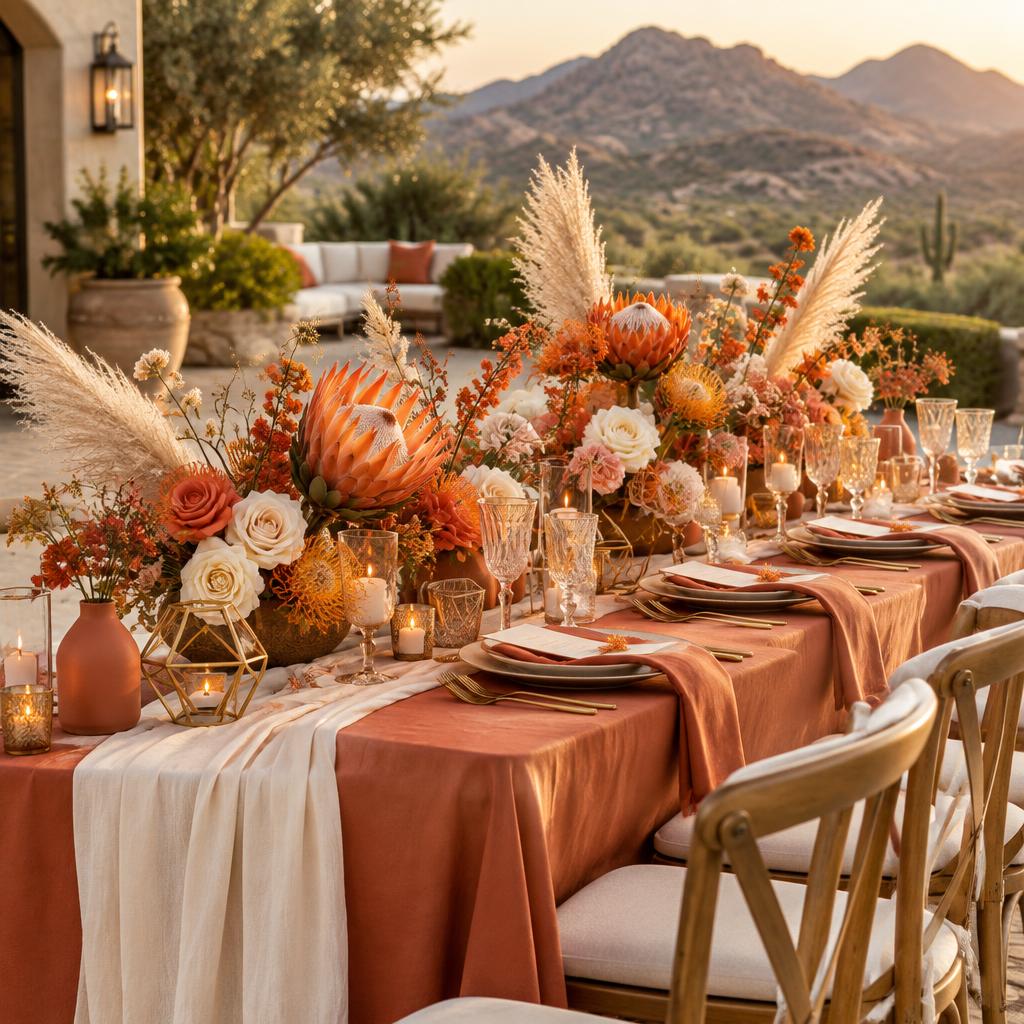 Modern tablescape with protea, pampas grass and terracotta linens